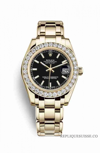 Copie Montre Rolex Pearlmaster 34 Or jaune 18 ct Cadran Noir m81298-0056