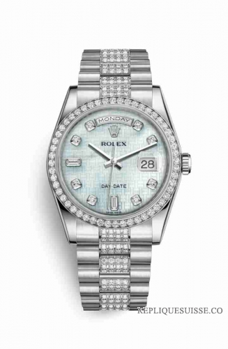 Copie Montre Rolex Day-Date 36 Platinum 118346 Platinum motif oxford en nacre serti de diamants Cadran m118346-0090