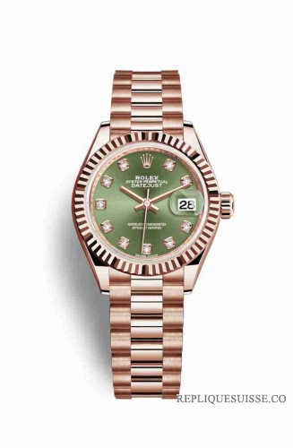 Copie Montre Rolex Datejust 28 18 carats Everose or 279175 Vert olive serti diamants Cadran m279175-0009