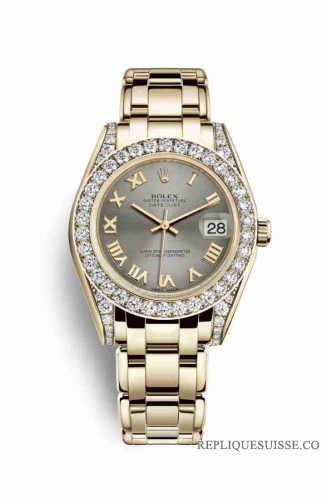 Copie Montre Rolex Pearlmaster 34 Or jaune 18 ct sertissage diamants Cadran acier m81158-0122