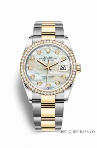 Copie Montre Rolex Datejust 36 Jaune Roles ou Oystersteel or jaune 18 ct 126283RBR Blanc nacre sertie de diamants Cadran m126283rbr-0010