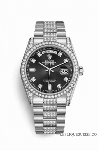 Copie Montre Rolex Day-Date 36 18 ct en or blanc, cosses serties de diamants 118389 Black, en sertie de diamants Cadran m118389-0022