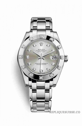 Copie Montre Rolex Pearlmaster 34 Or blanc 18 carats Argent serti de diamants Cadran m81319-0001