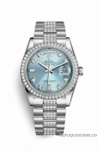 Copie Montre Rolex Day-Date 36 Platinum 118346 Glace bleue sertie de diamants Cadran m118346-0010