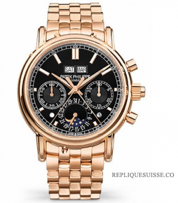 Patek Philippe Chronographe Calendrier des secondes divisees or rose / noir / Bracelet 5204 / 1R-001 Montres Copie