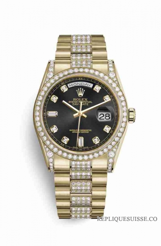 Copie Montre Rolex Day-Date 36 Or jaune 18 ct ensemble de cosses 118388 Diamants noir Set Cadran m118388-0079
