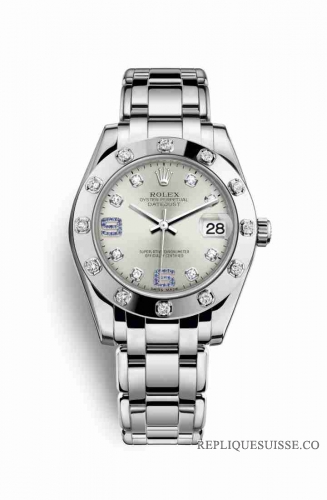 Copie Montre Rolex Pearlmaster 34 Or blanc 18 carats Argent serti de diamants saphirs Cadran m81319-0039