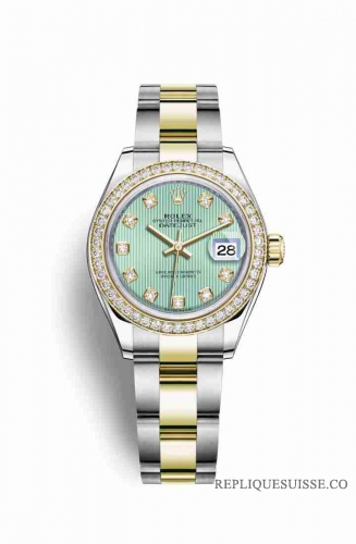 Copie Montre Rolex Datejust 28 Jaune Rolesor Oystersteel or jaune 18 ct RBR Mint vert ensemble diamants Cadran m279383rbr-0014