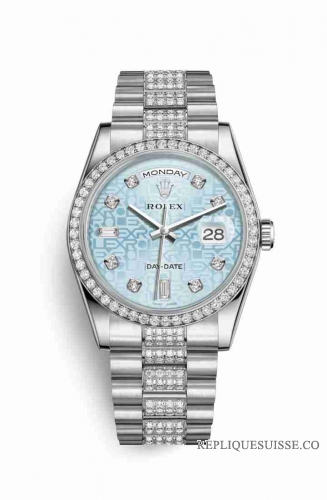 Copie Montre Rolex Day-Date 36 Platinum 118346 Bleu glace Jubile design serti de diamants Cadran m118346-0032