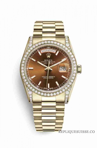 Copie Montre Rolex Day-Date 36 Cosses en or jaune 18 carats serties de diamants 118388 Cognac Cadran m118388-0133