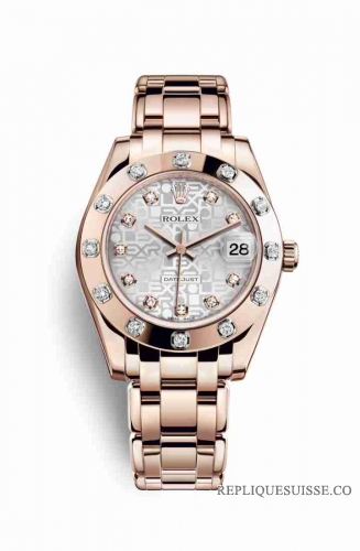 Copie Montre Rolex Pearlmaster 34 18 ct Everose or Argent Jubile design serti de diamants Cadran m81315-0006