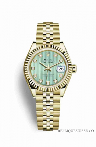 Copie Montre Rolex Datejust 28 or jaune 18 ct Menthe verte ensemble diamants Cadran m279178-0028