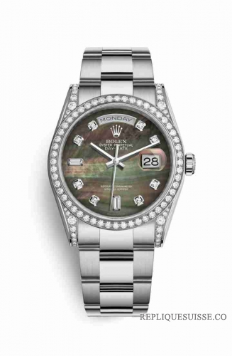 Copie Montre Rolex Day-Date 36 Or blanc 18 ct sertissage diamants 118389 Nacre noire sertissage Cadran m118389-0057