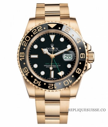 Réplique Rolex GMT Master II en or jaune Cadran Noir 116718 BK