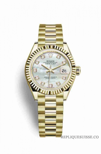 Copie Montre Rolex Datejust 28 Or jaune 18 ct Blanc serti de nacre Cadran m279178-0025