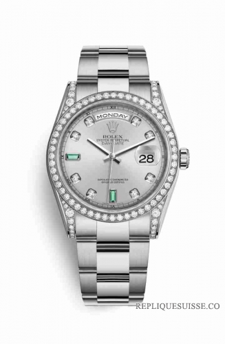 Copie Montre Rolex Day-Date 36 cerceaux en or blanc 18 carats sertie de diamants 118389 Rhodium sertie de diamants en emeraudes Cadran m118389-0124