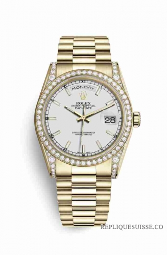 Copie Montre Rolex Day-Date 36 cosses en or jaune 18 carats serties de diamants 118388 White Cadran m118388-0186