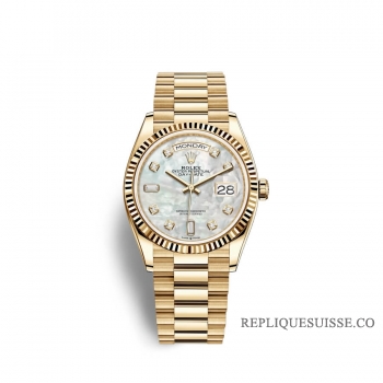 Rolex Day-Date 36 or jaune 18 ct M128238-0011 Nacre blanche sertie de diamants Cadran