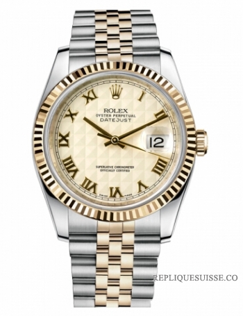 Réplique Rolex Datejust 36mm acier et Jaune or Ivory Pyramid Dial 116233 IPRJ