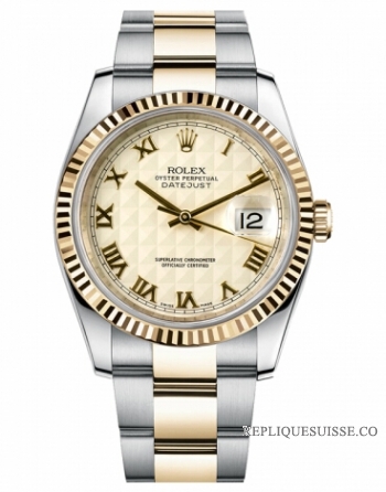 Réplique Rolex Datejust 36mm acier et or Ivory Pyramid Dial 116233 IPRO