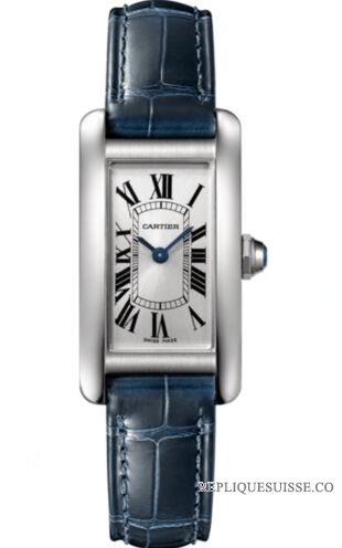 Cartier Tank Americaine Cadran Argente Cuir Bleu marine Femme WSTA0016 Montres Copie