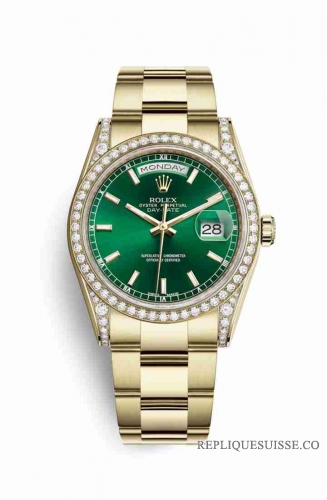 Copie Montre Rolex Day-Date 36 cosses en or jaune 18 carats serties de diamants 118388 cadran vert m118388-0195