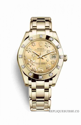 Copie Montre Rolex Pearlmaster 34 Or jaune 18 ct Motif floral en relief couleur Champagne Cadran m81318-0037