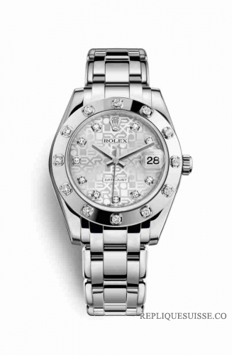 Copie Montre Rolex Pearlmaster 34 Or blanc 18 carats Argent Jubile design serti de diamants Cadran m81319-0009