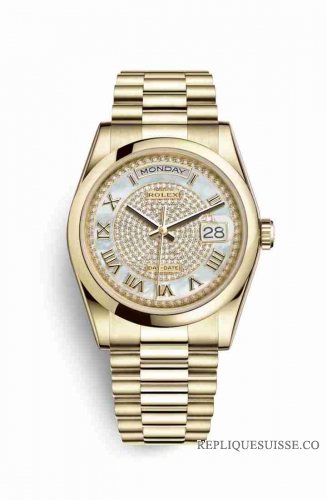 Copie Montre Rolex Day-Date 36 Or jaune 18 ct 118208 Diamant nacre blanche pavee Cadran m118208-0313