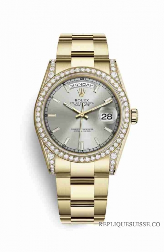 Copie Montre Rolex Day-Date 36 cosses en or jaune 18 carats serties de diamants 118388 cadran argente m118388-0185