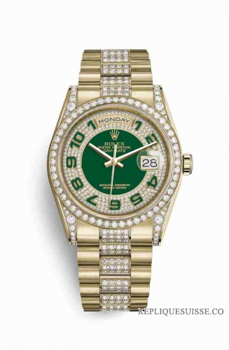 Copie Montre Rolex Day-Date 36 Or jaune 18 ct jeu de cosses 118388 Diamant vert pave Cadran m118388-0055