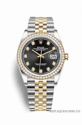 Copie Montre Rolex Datejust 36 Jaune Roles ou Oystersteel Or 18 carats 126283RBR Noir serti de diamants Cadran m126283rbr-0007