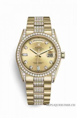 Copie Montre Rolex Day-Date 36 Or jaune 18 ct ensemble de cosses 118388 Diamant champagne ensemble de couleur Cadran m118388-0013