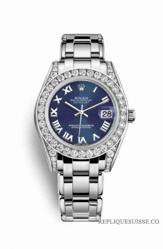 Copie Montre Rolex Pearlmaster 34 18 ct, cosses en or blanc serties de diamants Cadran bleu m81159-0055