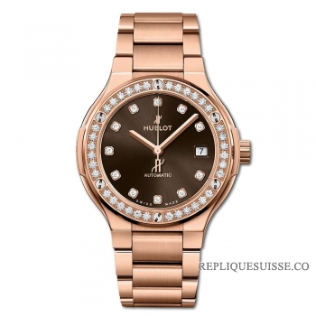 Réplique Bracelet Hublot Classic Fusion King Gold Marron Diamants