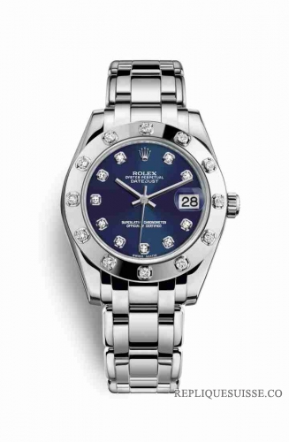Copie Montre Rolex Pearlmaster 34 18 carats en or blanc Blue set diamants Cadran m81319-0015