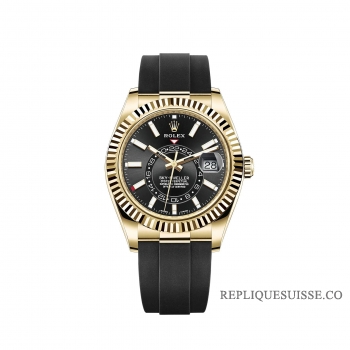 Rolex Sky-Dweller or jaune 18 ct cadran noir brillant bracelet Oysterflex