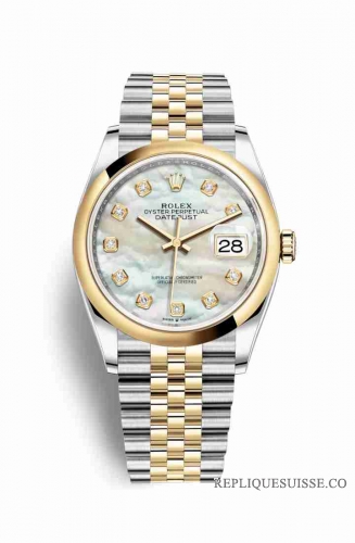 Copie Montre Rolex Datejust 36 Jaune Rolesor Oystersteel Or jaune 18 ct 126203 Blanc serti de nacre Cadran m126203-0023