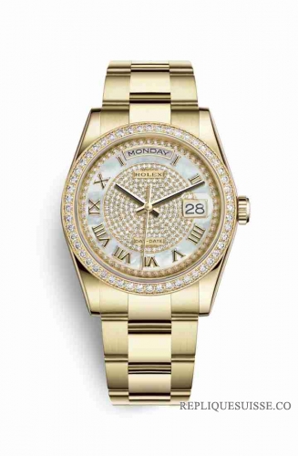 Copie Montre Rolex Day-Date 36 Or jaune 18 ct 118348 Diamant nacre blanche pavee Cadran m118348-0127