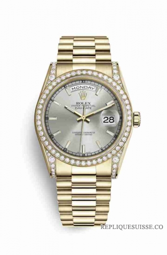 Copie Montre Rolex Day-Date 36 Cosses en or jaune 18 carats serties de diamants 118388 Cadran Argent m118388-0112