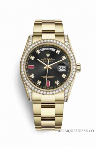 Copie Montre Rolex Day-Date 36 Or jaune 18 ct serti diamants 118388 Or noir serti rubis Cadran m118388-0136