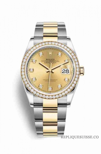 Copie Montre Rolex Datejust 36 Jaune Roles ou Oystersteel 18 carats en or jaune 126283RBR Champagne-couleur ensemble diamants Cadran m126283rbr-0004