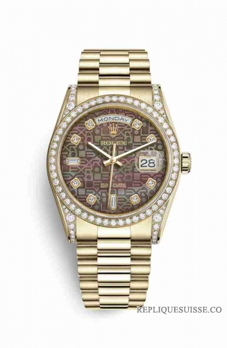 Copie Montre Rolex Day-Date 36 Or jaune 18 ct sertissage diamants 118388 Nacre noire Design Jubilee diamant sertissage Cadran m118388-0029