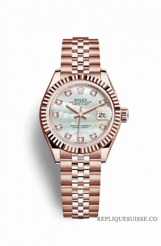 Copie Montre Rolex Datejust 28 18 carats Everose or 279175 Blanc serti de nacre Cadran m279175-0018