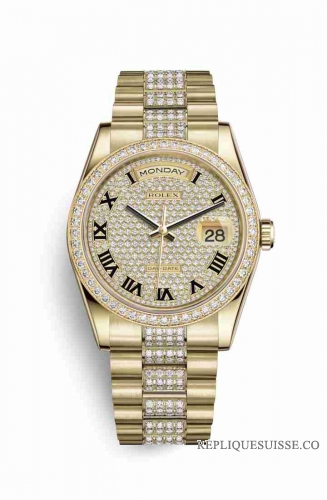 Copie Montre Rolex Day-Date 36 Or jaune 18 ct 118348 Cadran pave de diamants m118348-0013
