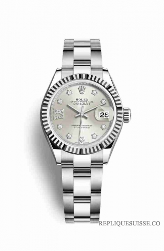 Copie Montre Rolex Datejust 28 White Rolesor Oystersteel Or blanc 18 ct Argent serti de diamants Cadran m279174-0022