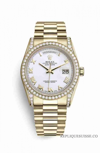 Copie Montre Rolex Day-Date 36 cosses en or jaune 18 carats serties de diamants 118388 cadran blanc m118388-0082