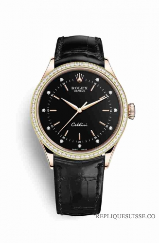 Copie Montre Rolex Cellini Time 18 ct Everose or 50705RBR Noir serti de diamants Cadran m50705rbr-0014