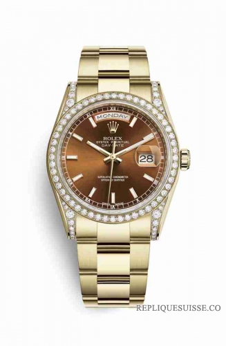Copie Montre Rolex Day-Date 36 Cosses en or jaune 18 carats serties de diamants 118388 Cognac Cadran m118388-0194