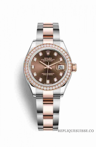 Copie Montre Rolex Datejust 28 Everose Roles ou Oystersteel 18 ct Everose or RBR Chocolat ensemble diamants Cadran m279381rbr-0012